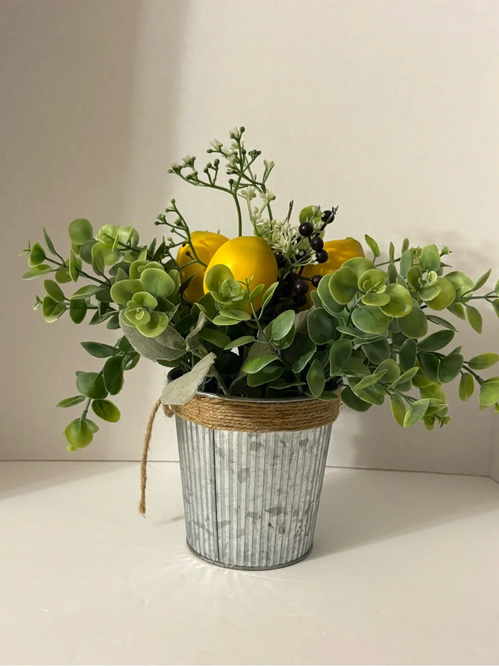 Artificial Eucalyptus & Lemon Arrangement Centerpiece in Galv Metal Pot Cottage